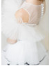 Ivory Black Stripe Ruffle Tulle Illusion Pearl Buttons Back Flower Girl Dress